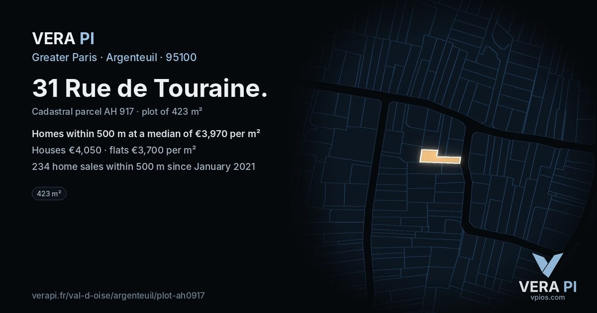 31 Rue de Touraine, Argenteuil at night – the plot lit, the parcels around coloured by the prices near them
