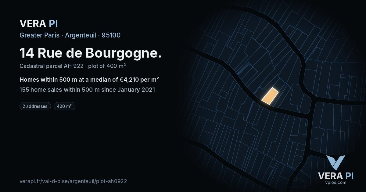 14 Rue de Bourgogne, Argenteuil at night – the plot lit, the parcels around coloured by the prices near them