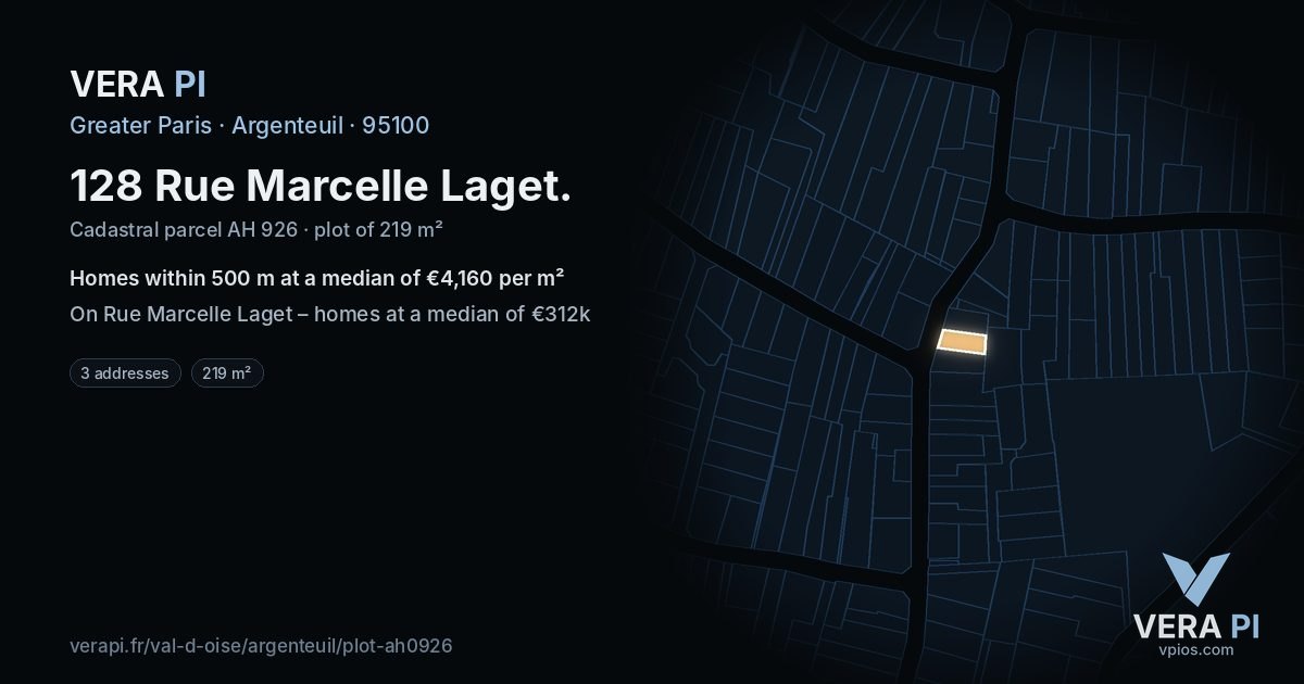 128 Rue Marcelle Laget, Argenteuil at night – the plot lit, the parcels around coloured by the prices near them