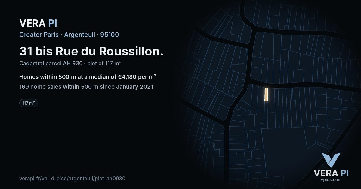 31 bis Rue du Roussillon, Argenteuil at night – the plot lit, the parcels around coloured by the prices near them