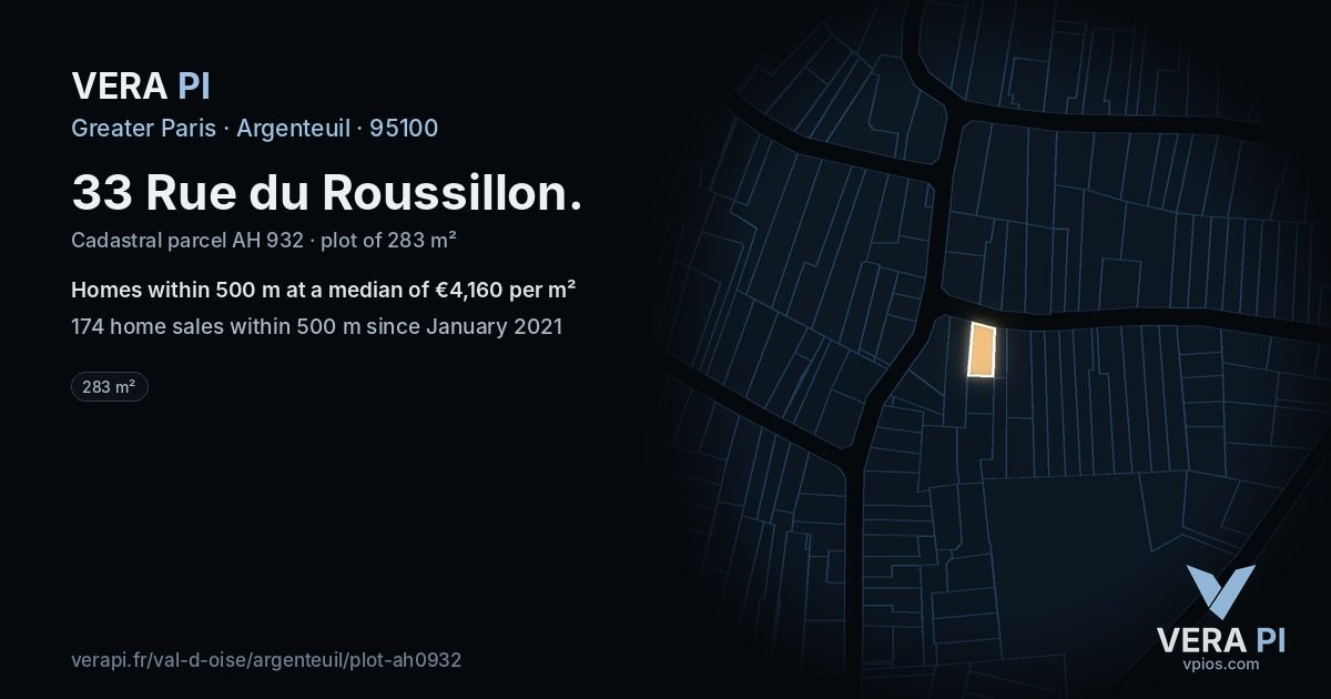 33 Rue du Roussillon, Argenteuil at night – the plot lit, the parcels around coloured by the prices near them