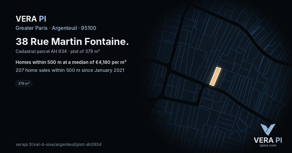 38 Rue Martin Fontaine, Argenteuil at night – the plot lit, the parcels around coloured by the prices near them