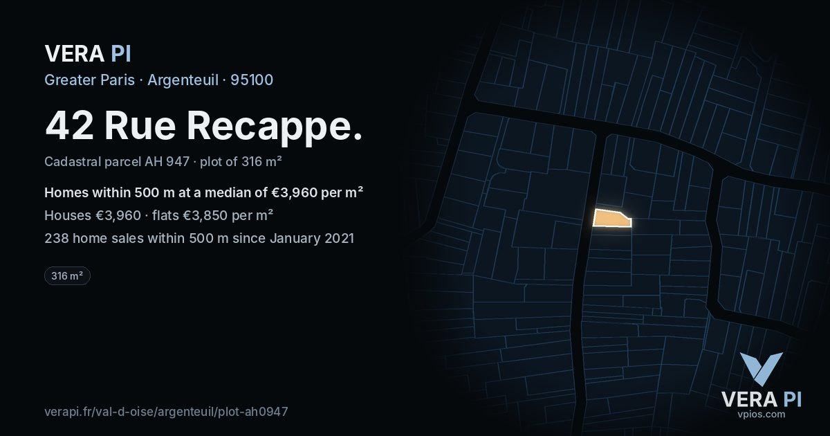42 Rue Recappe, Argenteuil at night – the plot lit, the parcels around coloured by the prices near them