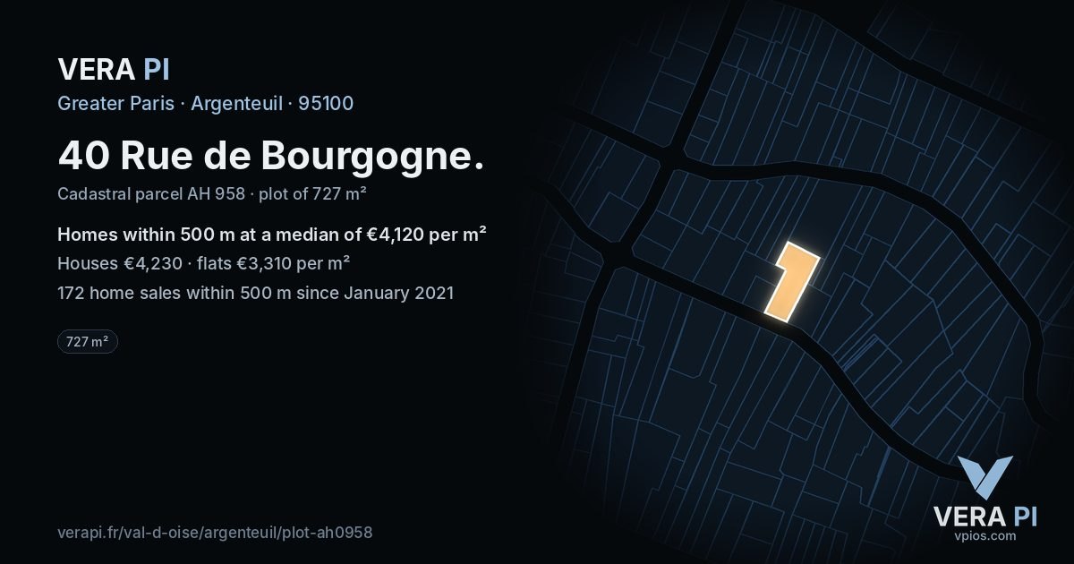 40 Rue de Bourgogne, Argenteuil at night – the plot lit, the parcels around coloured by the prices near them