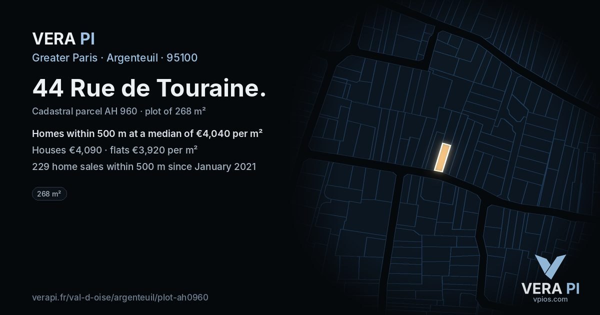 44 Rue de Touraine, Argenteuil at night – the plot lit, the parcels around coloured by the prices near them