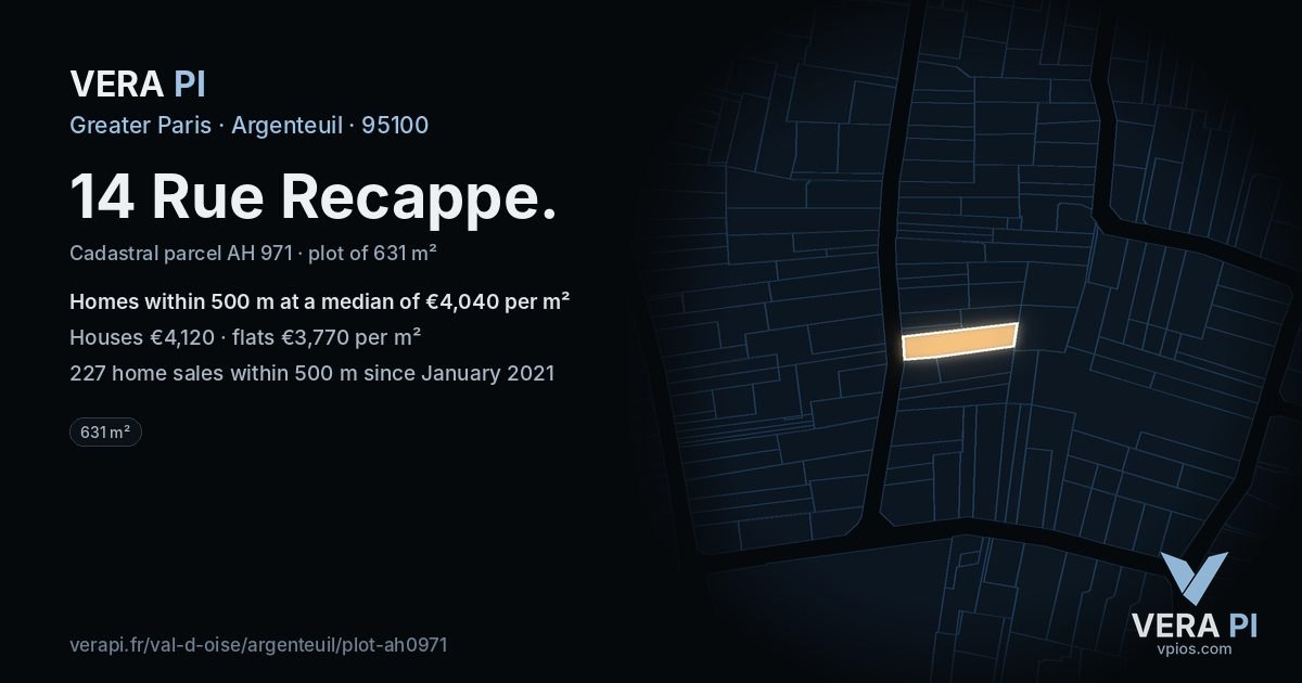 14 Rue Recappe, Argenteuil at night – the plot lit, the parcels around coloured by the prices near them