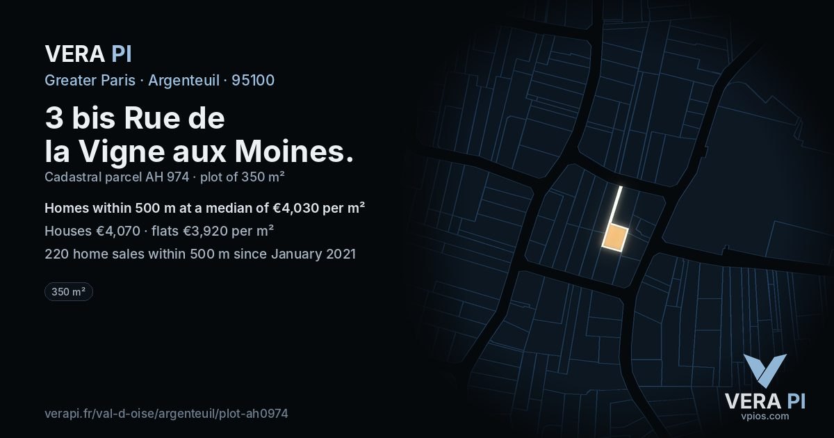 3 bis Rue de la Vigne aux Moines, Argenteuil at night – the plot lit, the parcels around coloured by the prices near them