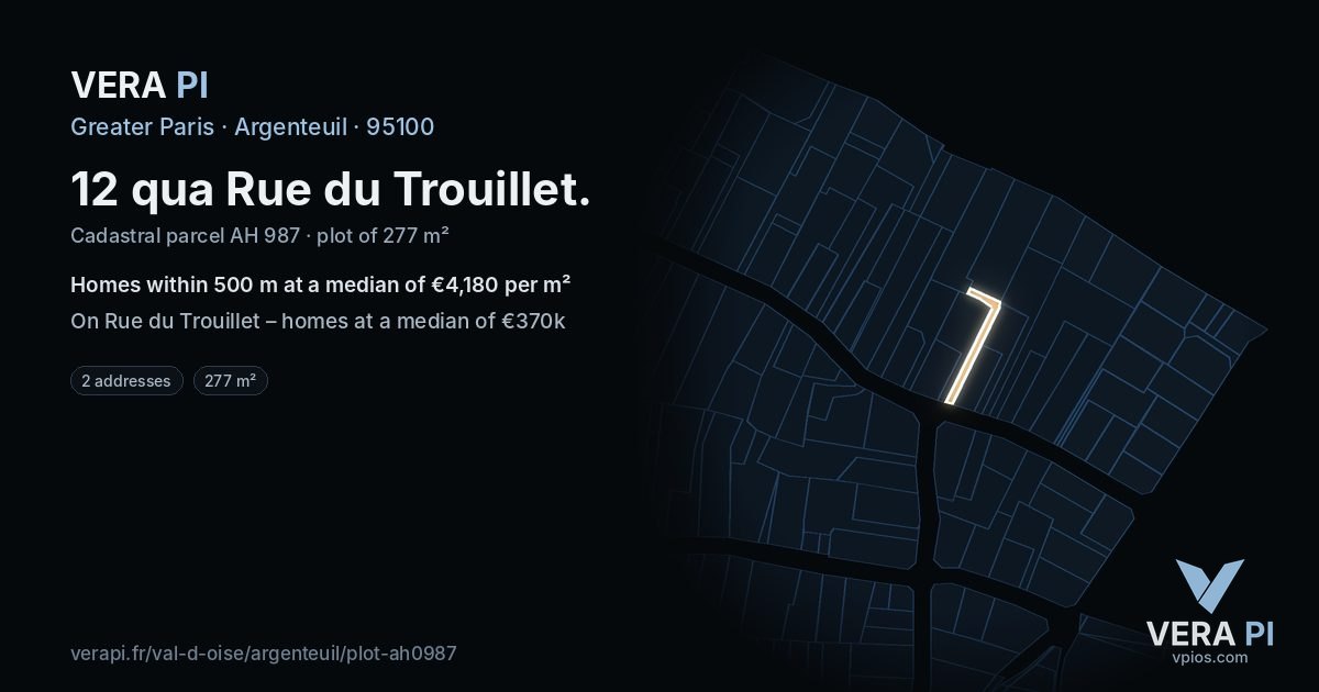 12 qua Rue du Trouillet, Argenteuil at night – the plot lit, the parcels around coloured by the prices near them