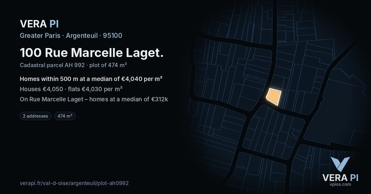 100 Rue Marcelle Laget, Argenteuil at night – the plot lit, the parcels around coloured by the prices near them