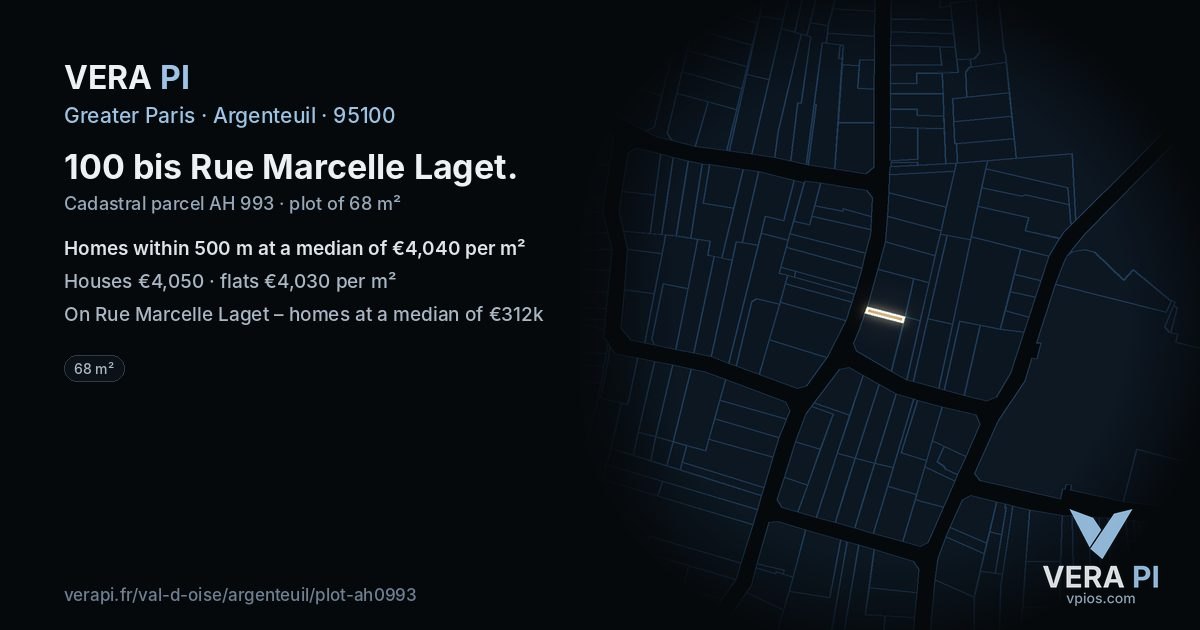 100 bis Rue Marcelle Laget, Argenteuil at night – the plot lit, the parcels around coloured by the prices near them