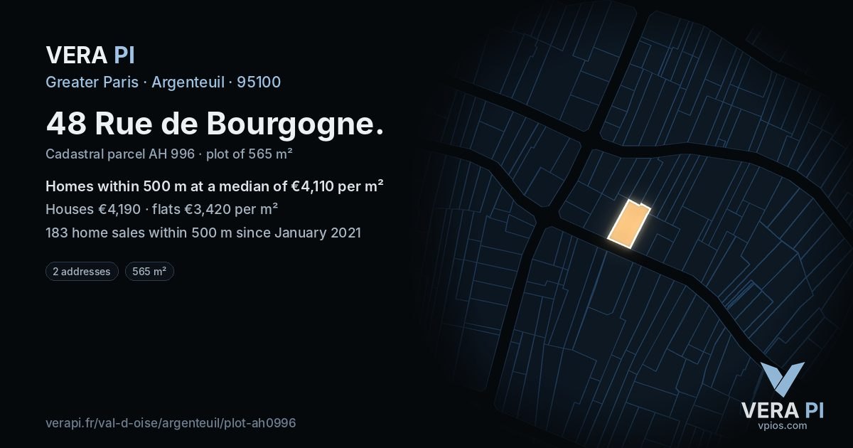 48 Rue de Bourgogne, Argenteuil at night – the plot lit, the parcels around coloured by the prices near them