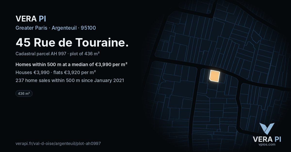 45 Rue de Touraine, Argenteuil at night – the plot lit, the parcels around coloured by the prices near them