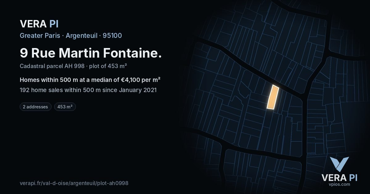 9 Rue Martin Fontaine, Argenteuil at night – the plot lit, the parcels around coloured by the prices near them