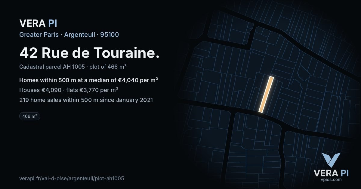 42 Rue de Touraine, Argenteuil at night – the plot lit, the parcels around coloured by the prices near them