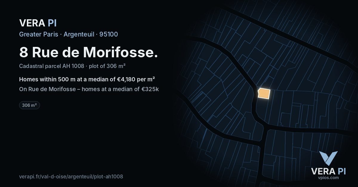 8 Rue de Morifosse, Argenteuil at night – the plot lit, the parcels around coloured by the prices near them