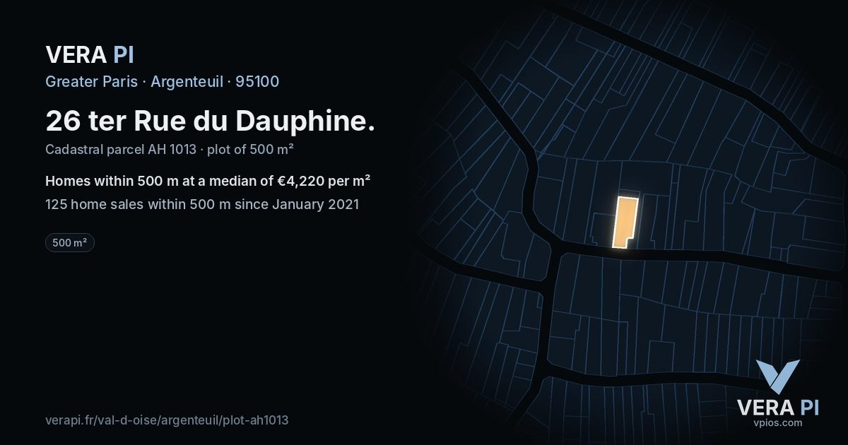 26 ter Rue du Dauphine, Argenteuil at night – the plot lit, the parcels around coloured by the prices near them