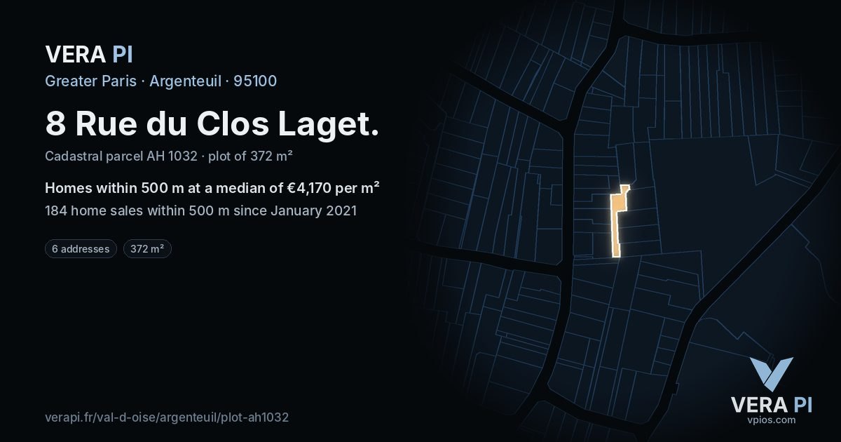 8 Rue du Clos Laget, Argenteuil at night – the plot lit, the parcels around coloured by the prices near them