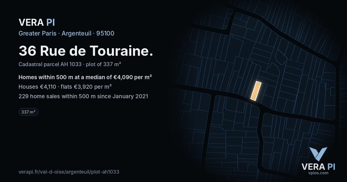 36 Rue de Touraine, Argenteuil at night – the plot lit, the parcels around coloured by the prices near them