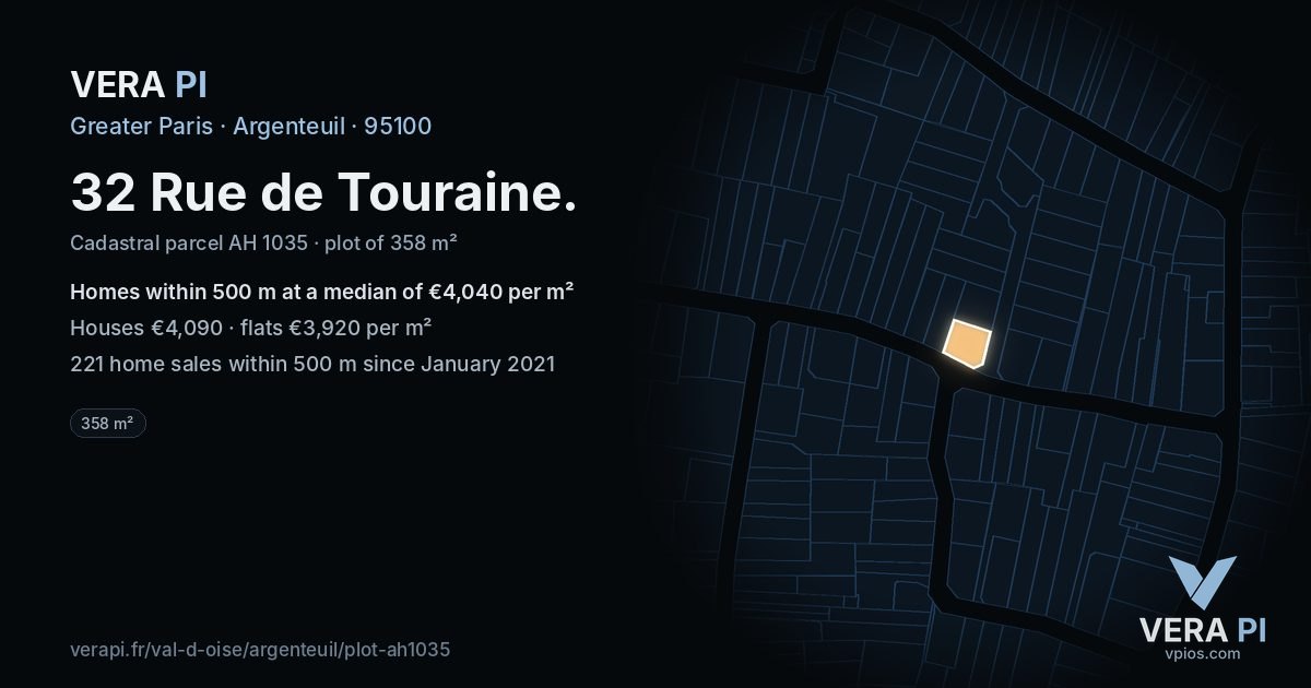 32 Rue de Touraine, Argenteuil at night – the plot lit, the parcels around coloured by the prices near them