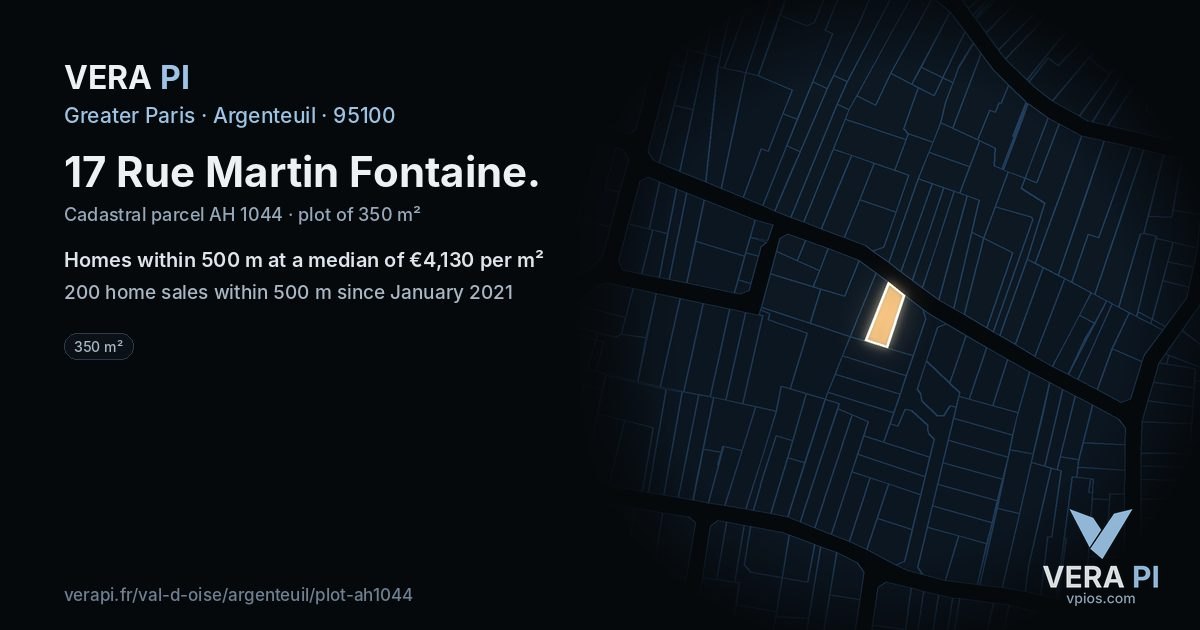 17 Rue Martin Fontaine, Argenteuil at night – the plot lit, the parcels around coloured by the prices near them
