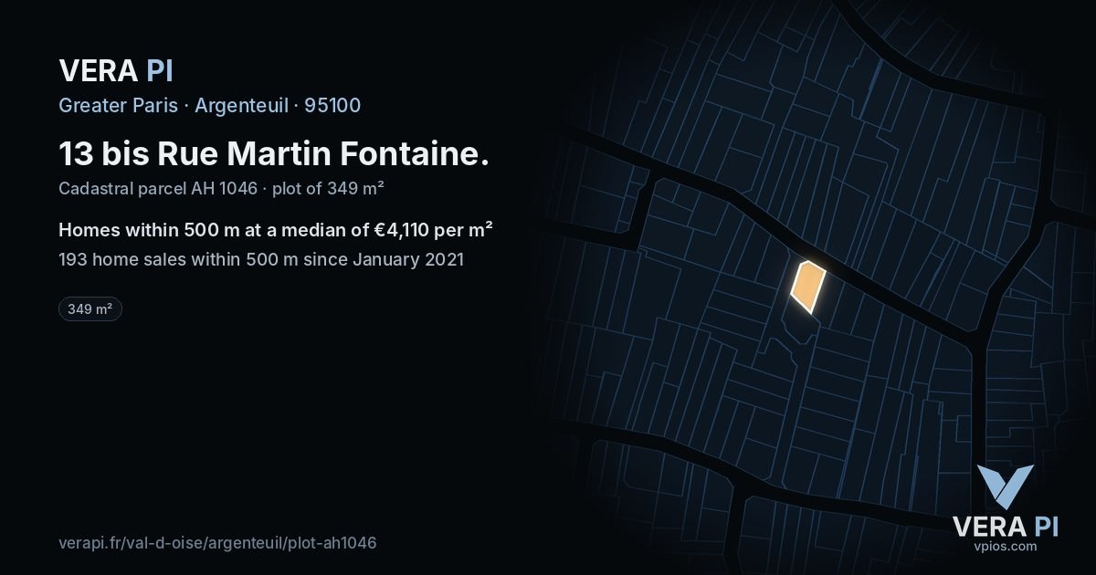 13 bis Rue Martin Fontaine, Argenteuil at night – the plot lit, the parcels around coloured by the prices near them