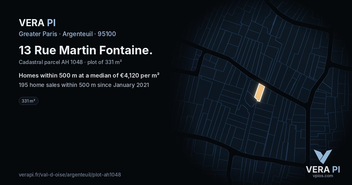 13 Rue Martin Fontaine, Argenteuil at night – the plot lit, the parcels around coloured by the prices near them