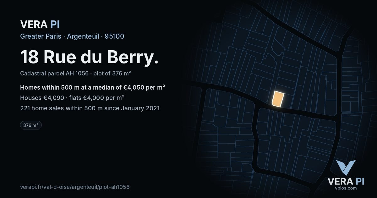 18 Rue du Berry, Argenteuil at night – the plot lit, the parcels around coloured by the prices near them