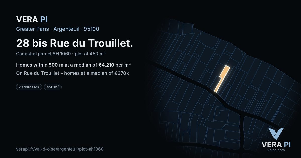 28 bis Rue du Trouillet, Argenteuil at night – the plot lit, the parcels around coloured by the prices near them