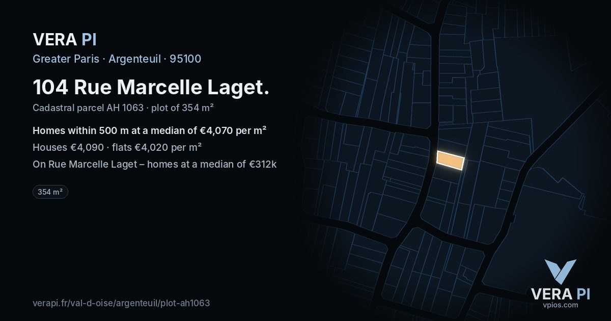 104 Rue Marcelle Laget, Argenteuil at night – the plot lit, the parcels around coloured by the prices near them