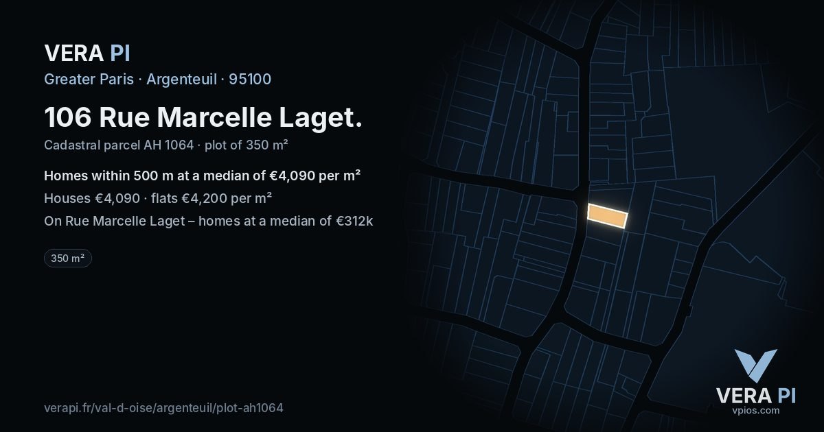 106 Rue Marcelle Laget, Argenteuil at night – the plot lit, the parcels around coloured by the prices near them