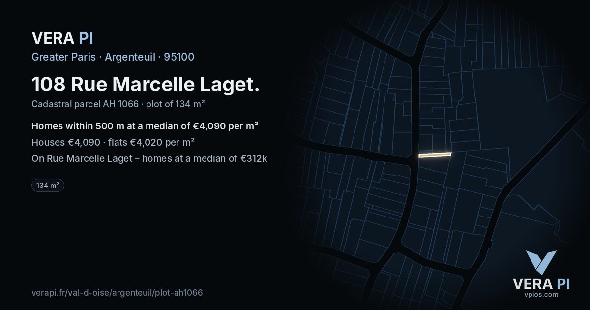 108 Rue Marcelle Laget, Argenteuil at night – the plot lit, the parcels around coloured by the prices near them
