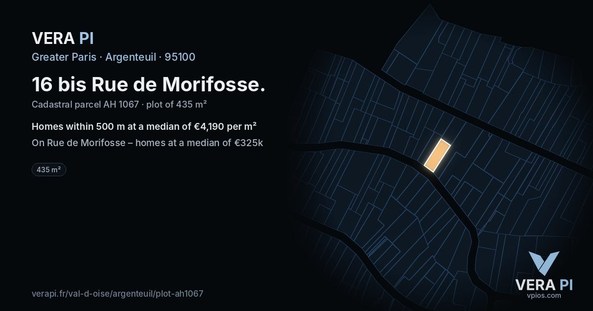 16 bis Rue de Morifosse, Argenteuil at night – the plot lit, the parcels around coloured by the prices near them