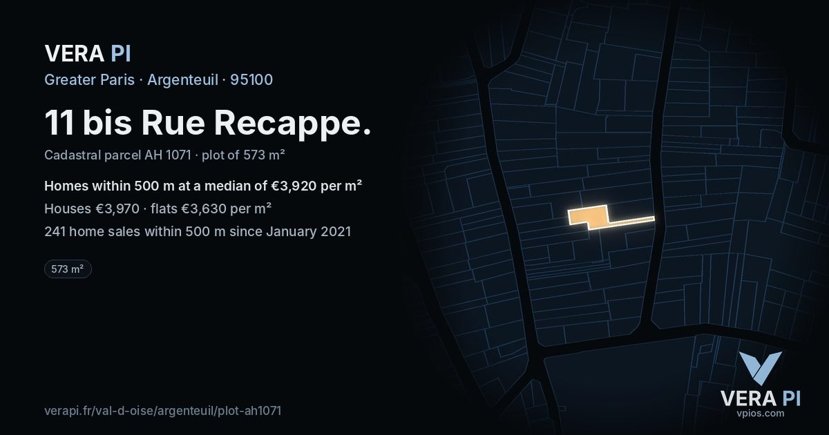 11 bis Rue Recappe, Argenteuil at night – the plot lit, the parcels around coloured by the prices near them