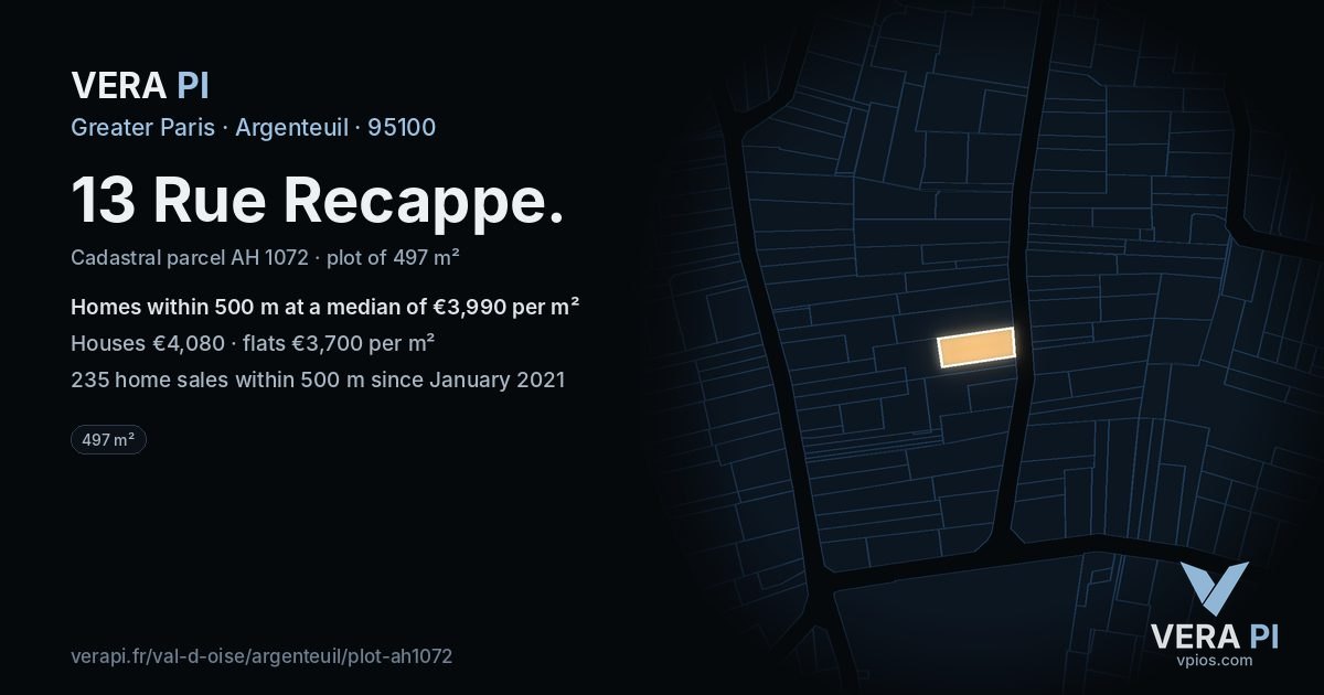 13 Rue Recappe, Argenteuil at night – the plot lit, the parcels around coloured by the prices near them