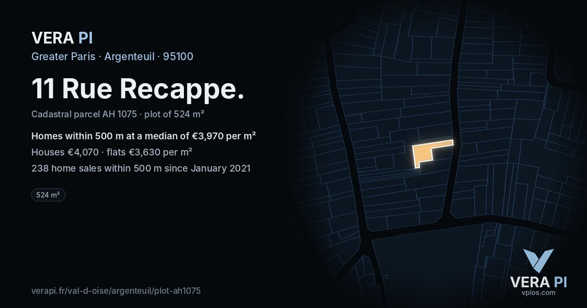 11 Rue Recappe, Argenteuil at night – the plot lit, the parcels around coloured by the prices near them