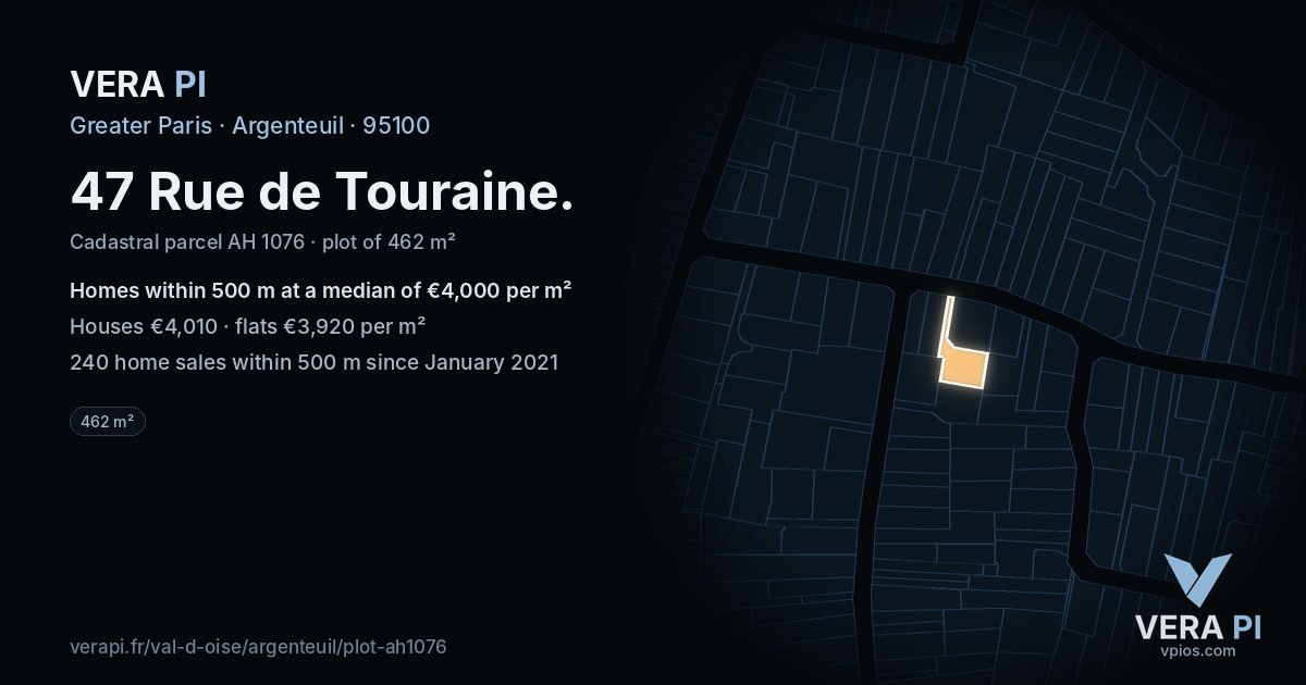 47 Rue de Touraine, Argenteuil at night – the plot lit, the parcels around coloured by the prices near them