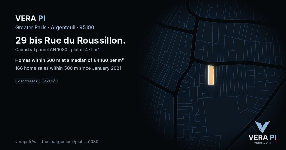 29 bis Rue du Roussillon, Argenteuil at night – the plot lit, the parcels around coloured by the prices near them