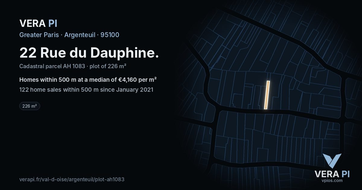 22 Rue du Dauphine, Argenteuil at night – the plot lit, the parcels around coloured by the prices near them