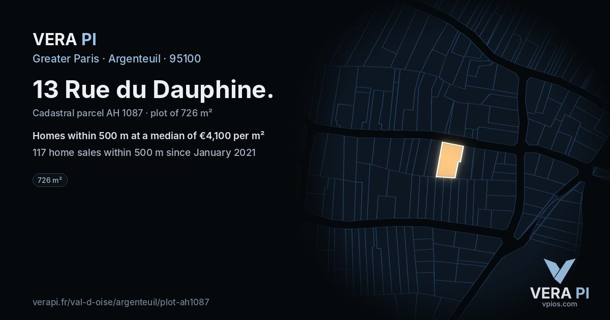 13 Rue du Dauphine, Argenteuil at night – the plot lit, the parcels around coloured by the prices near them