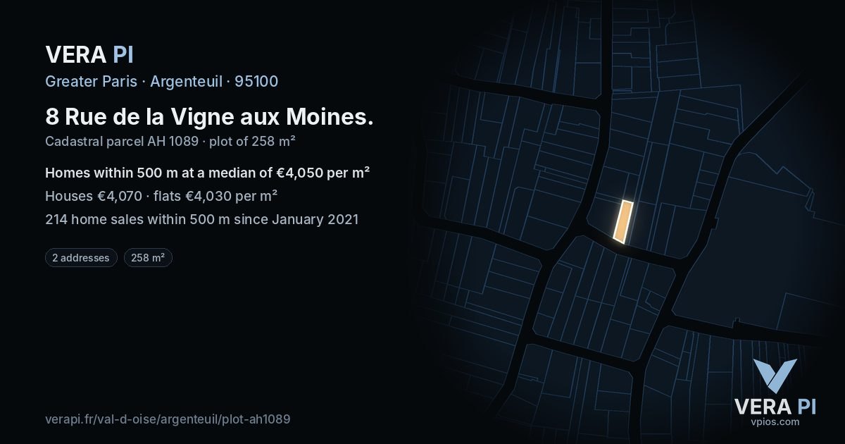 8 Rue de la Vigne aux Moines, Argenteuil at night – the plot lit, the parcels around coloured by the prices near them