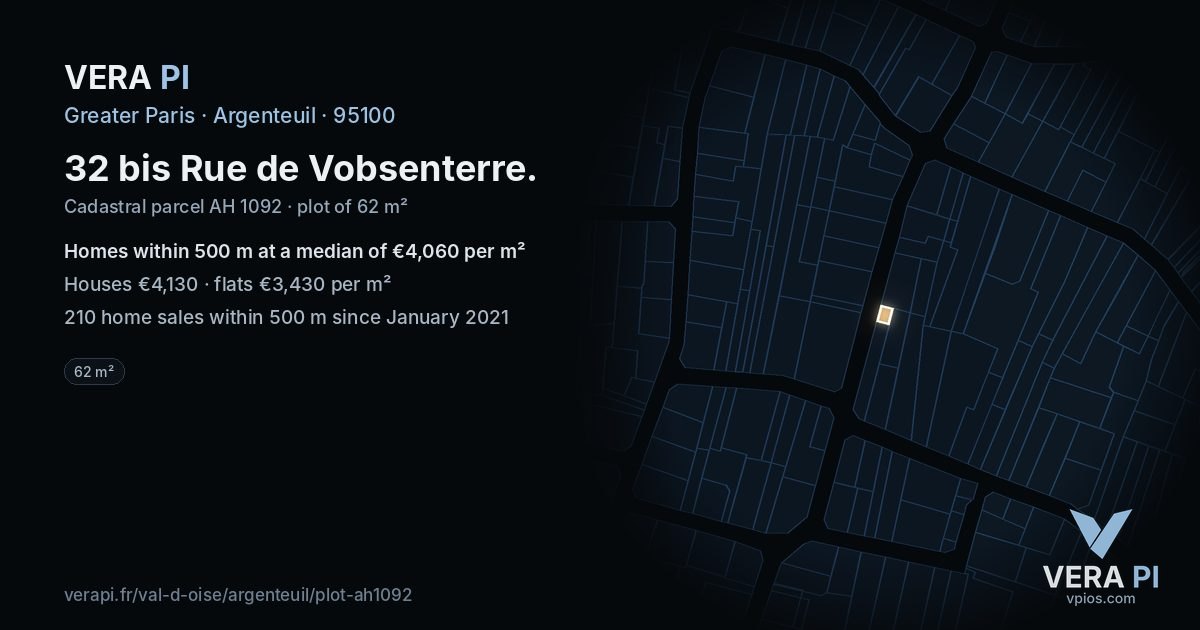 32 bis Rue de Vobsenterre, Argenteuil at night – the plot lit, the parcels around coloured by the prices near them
