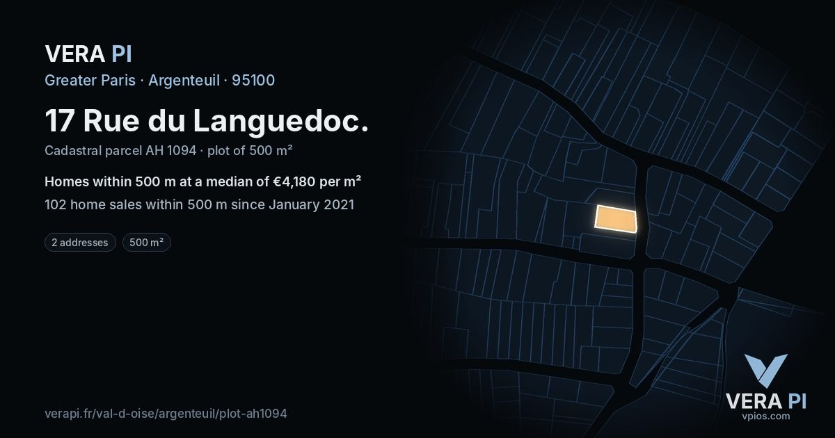 17 Rue du Languedoc, Argenteuil at night – the plot lit, the parcels around coloured by the prices near them