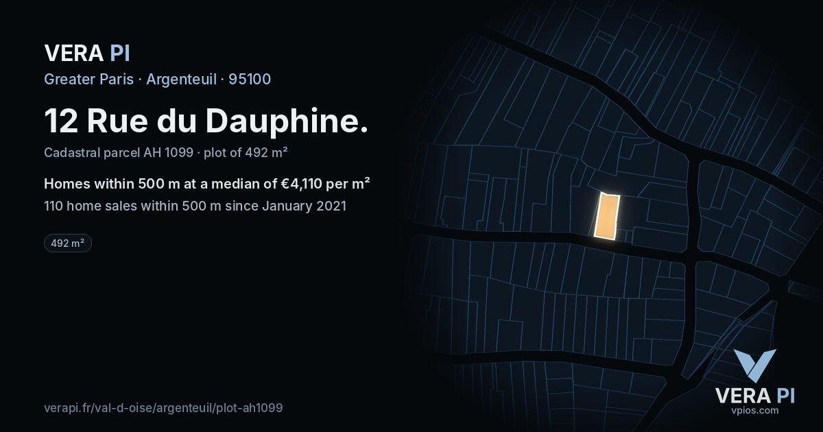 12 Rue du Dauphine, Argenteuil at night – the plot lit, the parcels around coloured by the prices near them