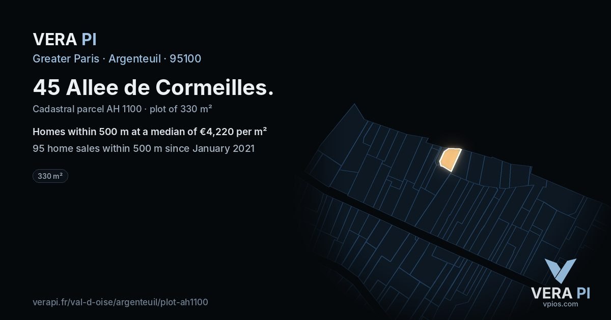 45 Allee de Cormeilles, Argenteuil at night – the plot lit, the parcels around coloured by the prices near them