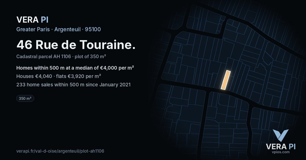 46 Rue de Touraine, Argenteuil at night – the plot lit, the parcels around coloured by the prices near them