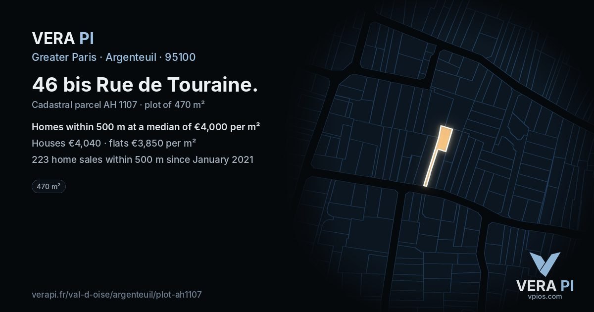 46 bis Rue de Touraine, Argenteuil at night – the plot lit, the parcels around coloured by the prices near them