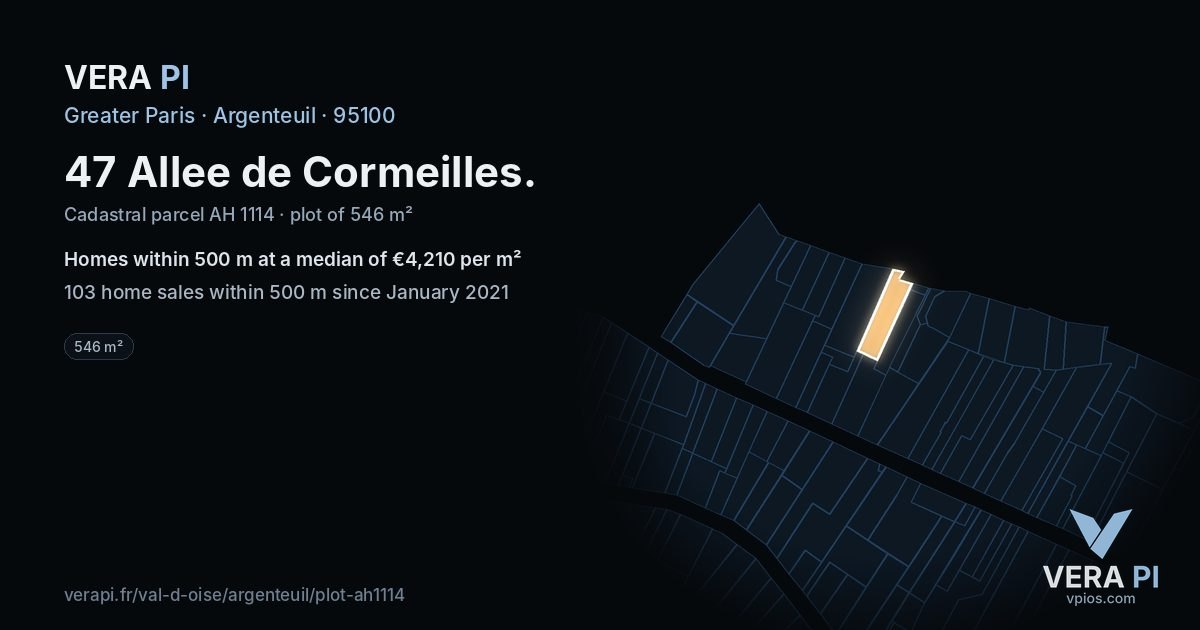 47 Allee de Cormeilles, Argenteuil at night – the plot lit, the parcels around coloured by the prices near them