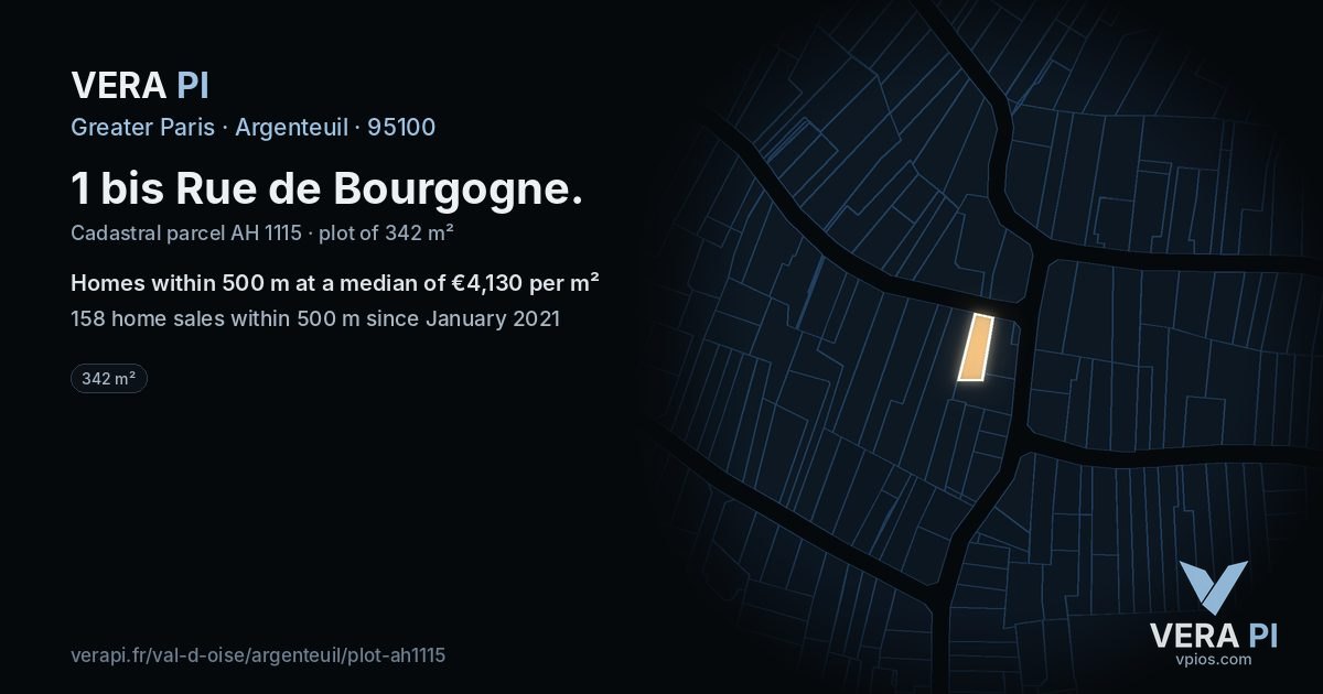 1 bis Rue de Bourgogne, Argenteuil at night – the plot lit, the parcels around coloured by the prices near them