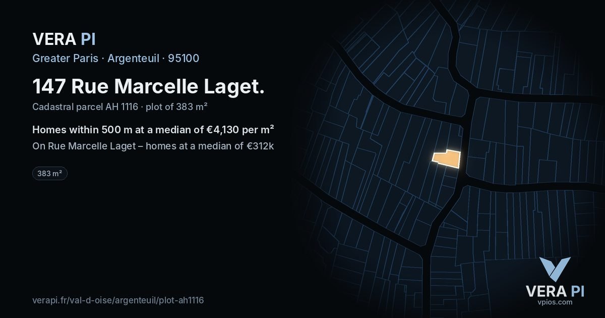 147 Rue Marcelle Laget, Argenteuil at night – the plot lit, the parcels around coloured by the prices near them