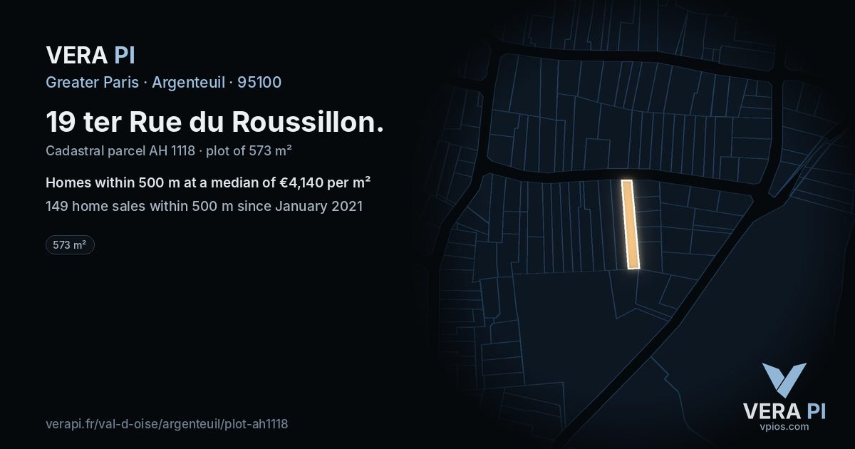 19 ter Rue du Roussillon, Argenteuil at night – the plot lit, the parcels around coloured by the prices near them